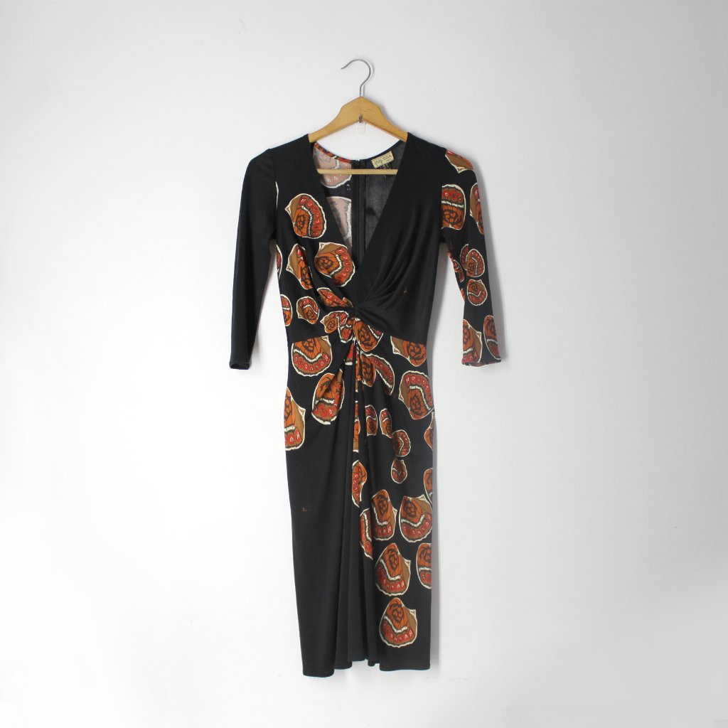 Issa London Dress Sz 4 Silk Knit 3/4 Sleeve Black Butterfly Wing Print V-Neck Xs